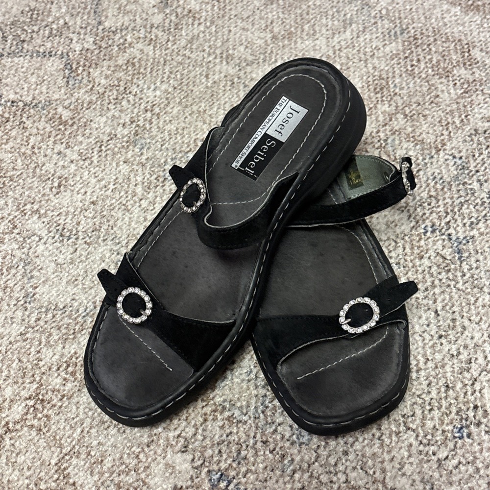 Josef Seibel‎ Women's EU 36 US 6 Black Suede Rhinestone Buckle Slip On Sandals
